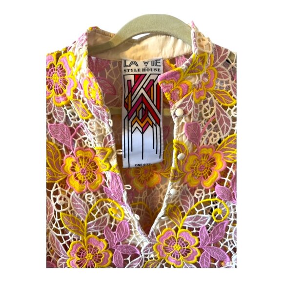 LaVie Style House Pink Yellow Floral Embroidered Lace Mini Caftan/Dress, o/s - Picture 7 of 12